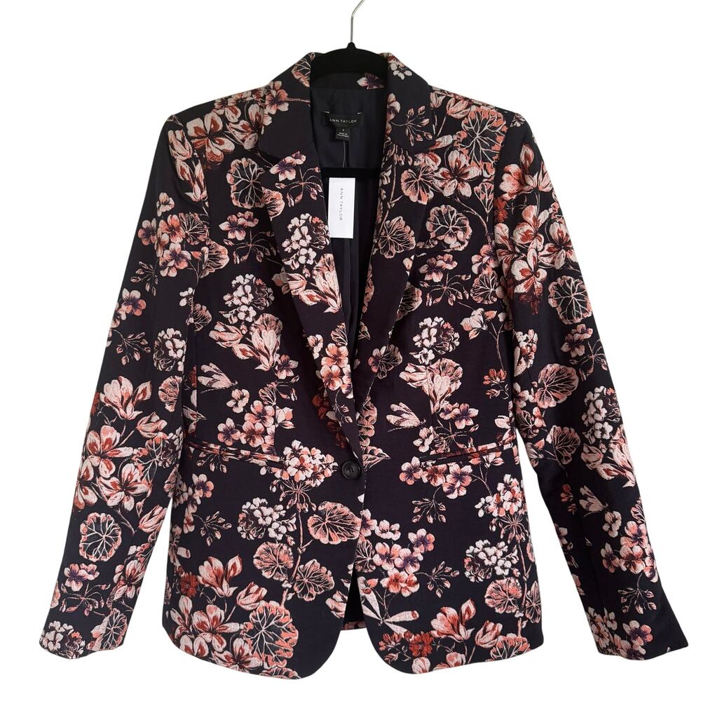 Ann Taylor Womens Floral Statement Blazer Navy Pink Size 4 Small Professional